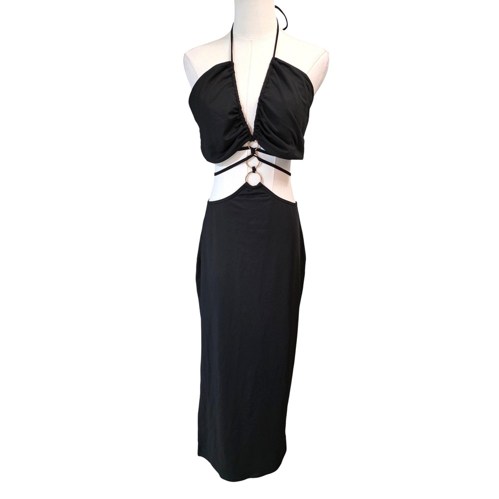 Marthea Black Halter Neck Cutout Midi Dress Sexy Slit Size XL - Picture 2 of 10